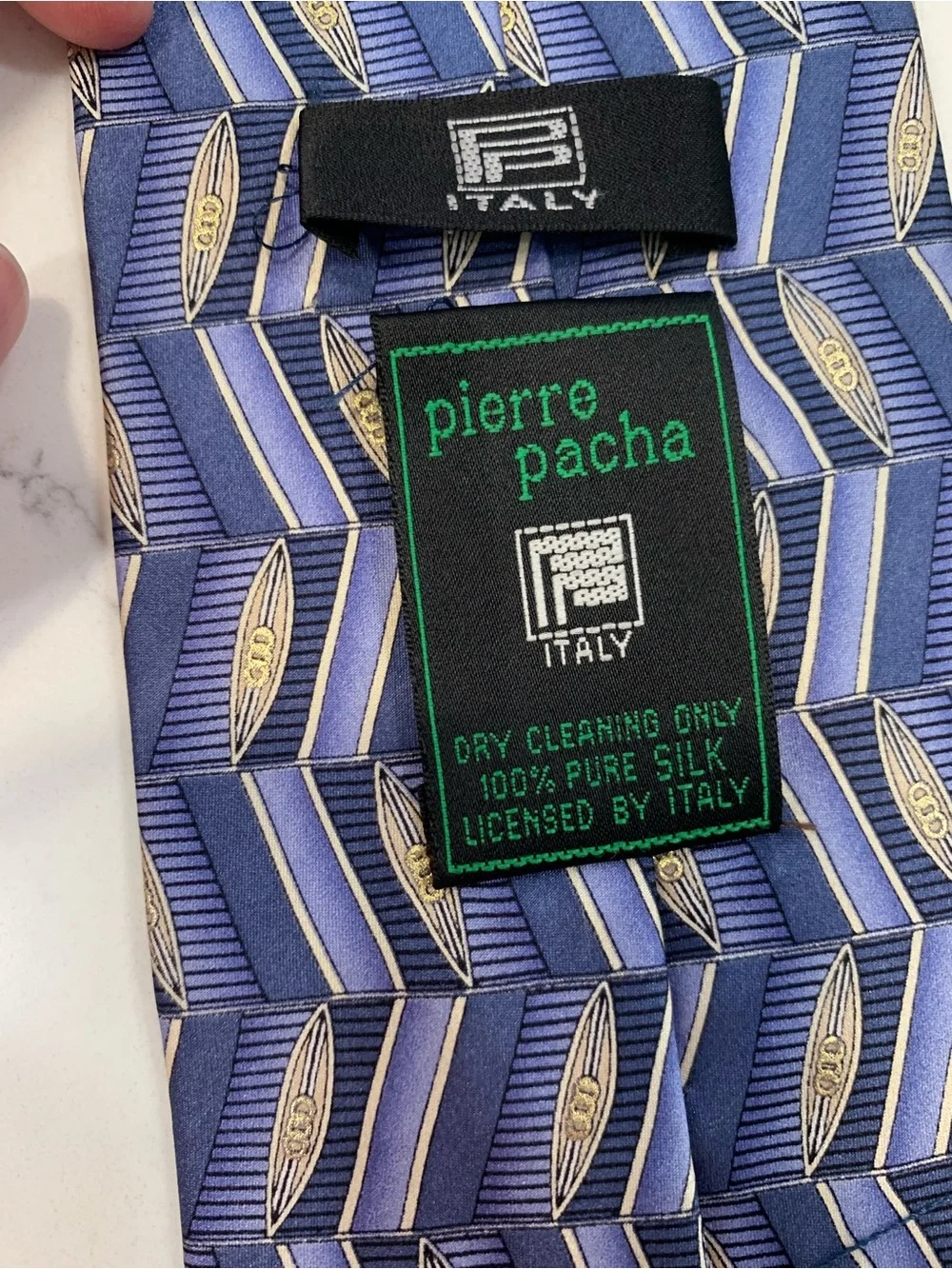 Pierre Pacha Italian Silk Tie Blue Metallic Geometric Design L: 58